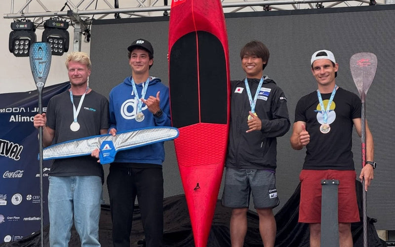 Boris Jinvresse third in the downwind SUP foil race at the World SUP Festival