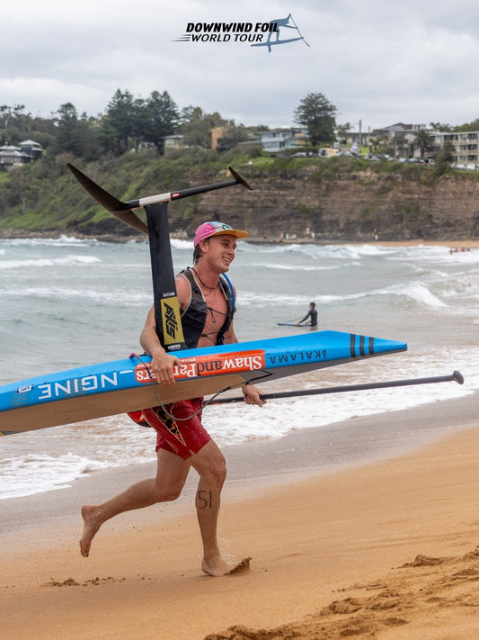 Kai Thompson wins the Northern Beaches downwind foil race, Trent Gordon third