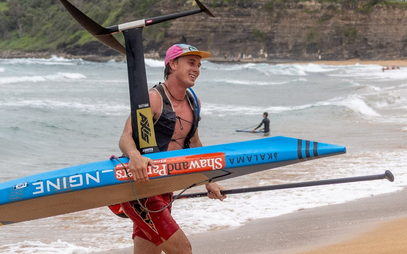 Kai Thompson wins the Northern Beaches downwind foil race, Trent Gordon third