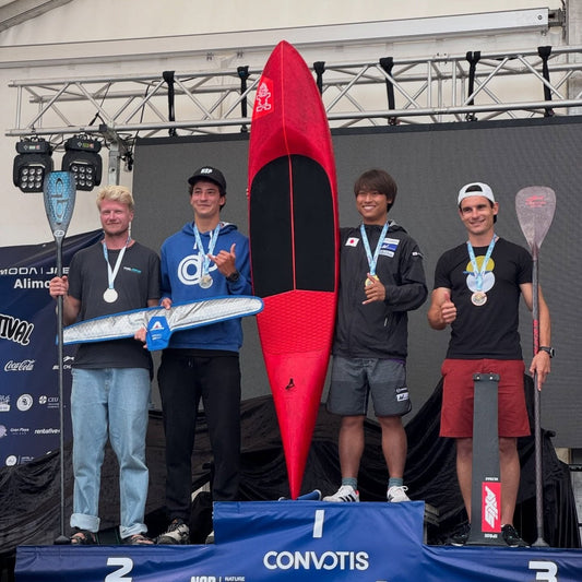 Boris Jinvresse third in the downwind SUP foil race at the World SUP Festival