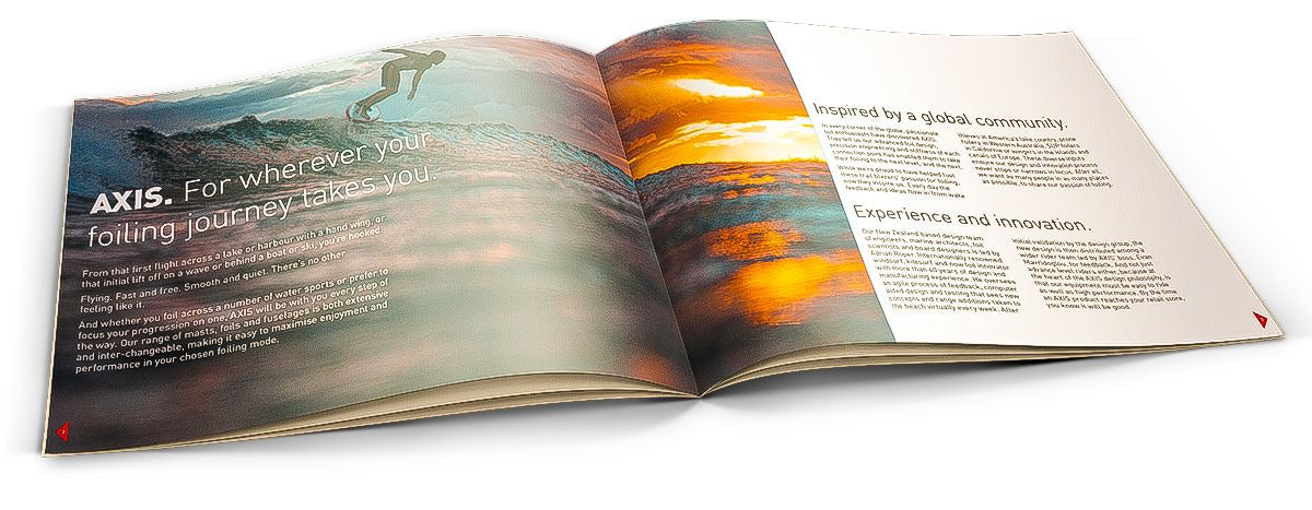 AXIS brochure, open at 'AXIS. For wherever your foiling journey takes you.'